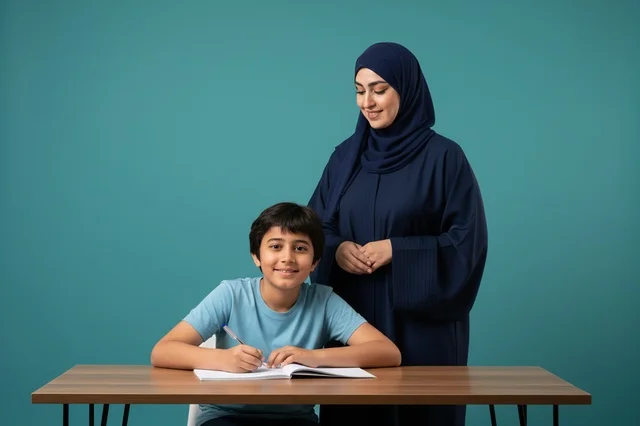 Arab Mother and Son Studying at Desk with Teal Background