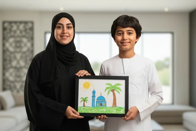 Emirati Mother and Son Holding Framed Drawing