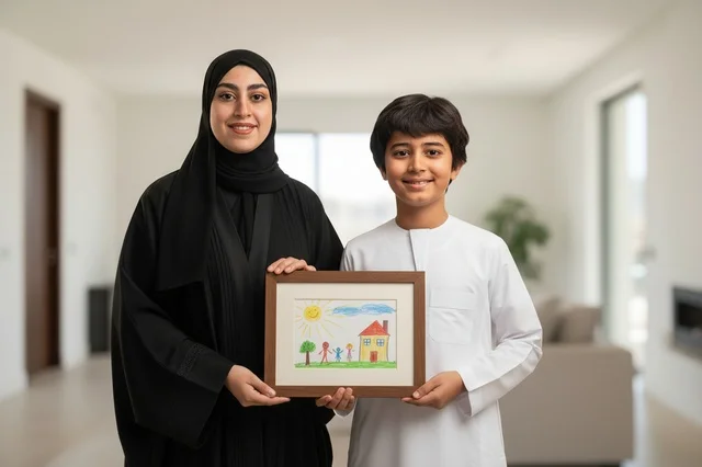 أم إماراتية وابنها يحملان لوحة مرسومة للمنزل