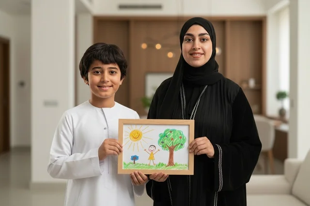 Emirati Mother and Son Holding Drawing in Traditional Dress