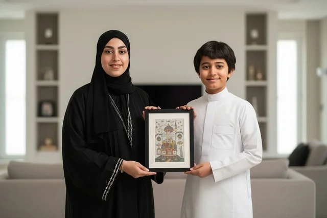 Saudi Woman and Boy Holding Artwork in Modern Home