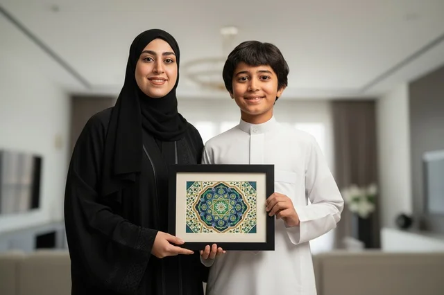 Emirati Mother and Son Holding Islamic Geometric Art