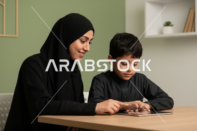 أم سعودية وابنها يستخدمان الجهاز اللوحي للتعلم