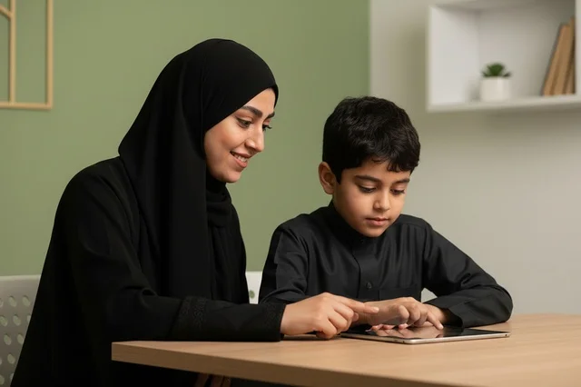 Saudi Mother and Son Using Tablet for E-learning