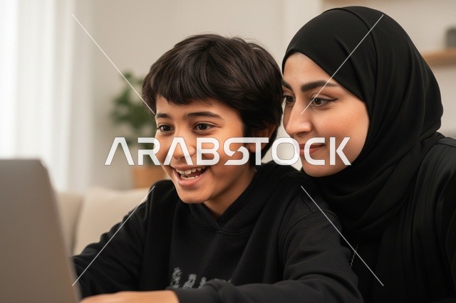 أم سعودية وابنها يستخدمان الحاسوب المحمول في المنزل