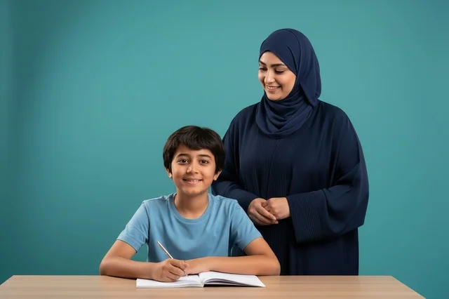 Emirati Mother and Son Studying at Desk