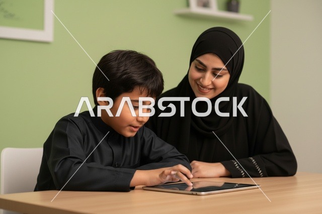 أم إماراتية وابنها يستخدمان الجهاز اللوحي في المنزل