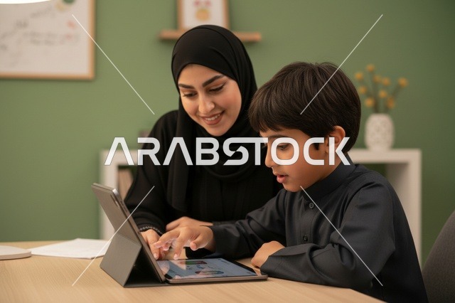 أم سعودية مع ابنها يستعملان جهازا لوحيا