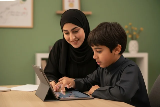 Saudi Mother and Son Using Tablet at Home