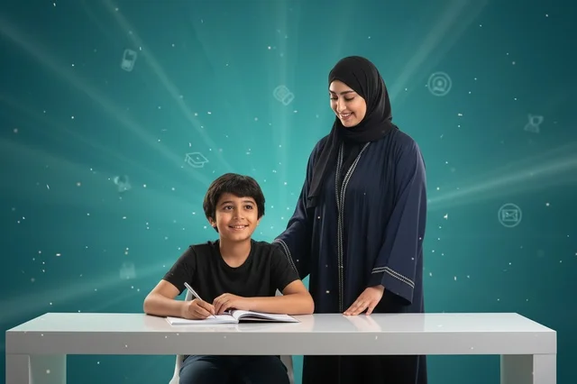Emirati Mother and Son Studying at White Desk