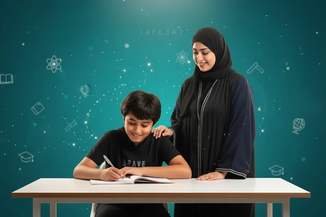 Emirati Mother and Son Studying at a Desk