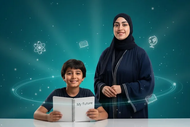 امرأة سعودية وطفل مع أيقونات تعليمية رقمية