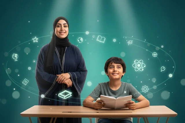 معلمة سعودية وطالب مع أيقونات التعليم الرقمي والعلوم