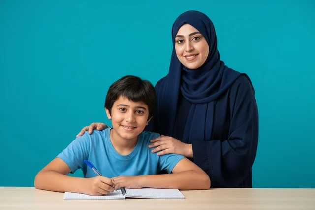 أم سعودية وابنها يذاكران أمام خلفية زرقاء