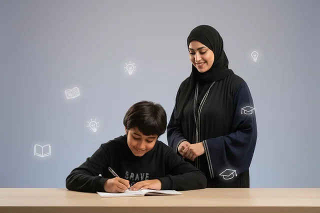 أم سعودية وابنها يدرسان مع أيقونات تعليمية