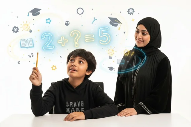 Saudi Woman and Boy Solving Math Problems in Studio
