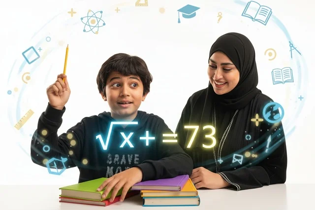 Saudi Mother Teaching Son Math with Digital Icons