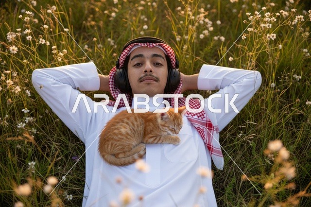 شاب سعودي مع قطة وسماعات في حقل زهور