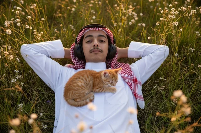 Saudi Man with Kitten and Headphones in Flower Field