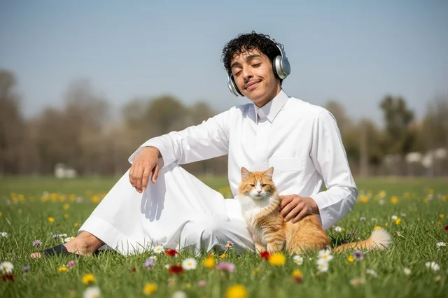 Saudi Man in Thobe with Cat in Grassy Meadow