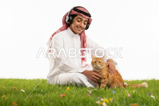 فتى سعودي بالثوب التقليدي مع قطته وسماعات الرأس