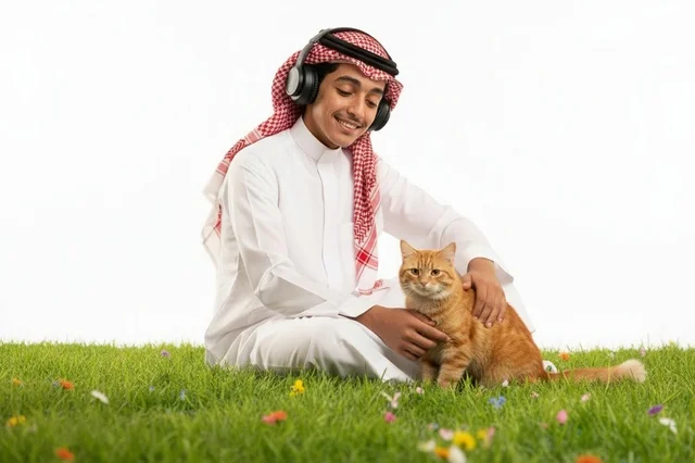 فتى سعودي بالثوب التقليدي مع قطته وسماعات الرأس فتى سعودي بالثوب التقليدي مع قطته وسماعات الرأس