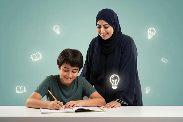 امرأة سعودية وطفل يدرسان مع أيقونات إبداعية