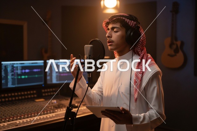 شاب سعودي يغني في استوديو تسجيل احترافي