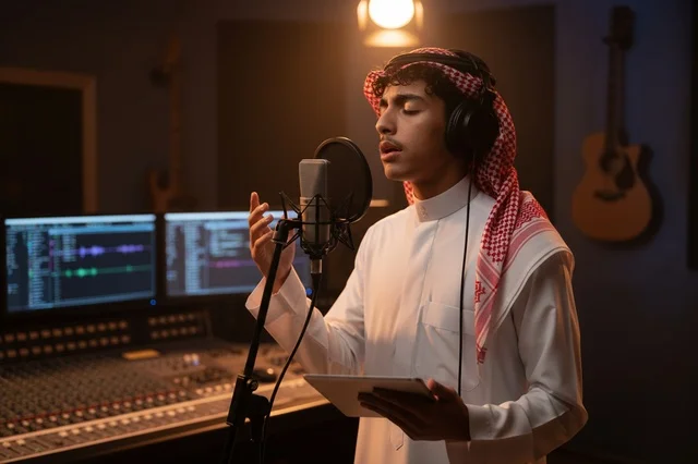 شاب سعودي يغني في استوديو تسجيل احترافي