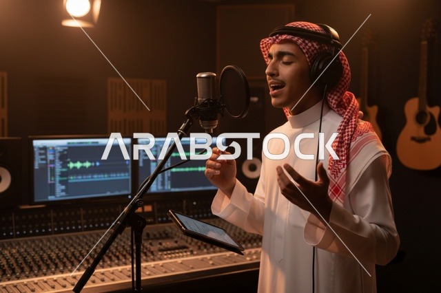 رجل سعودي يغني في استوديو تسجيل احترافي