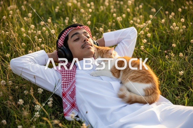 رجل سعودي مع قطة في العشب يرتدي سماعات