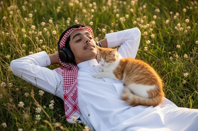 Saudi Man with Cat in Grass Wearing Headphones