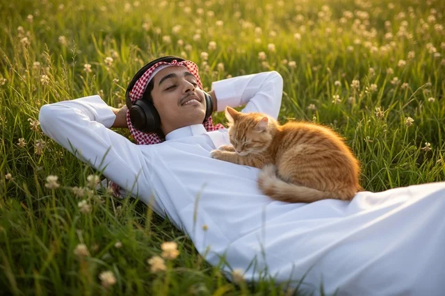 رجل سعودي مع قطة في حقل عشبي عند الغروب