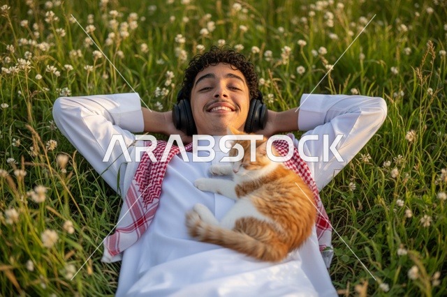 رجل سعودي بالثوب مع قطة في حقل طبيعي