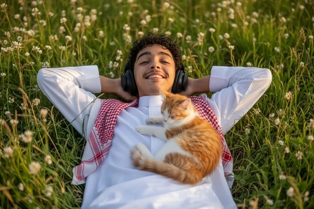 رجل سعودي بالثوب مع قطة في حقل طبيعي