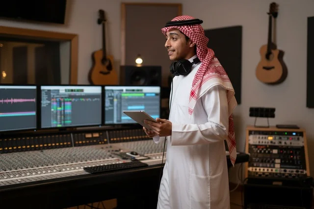 مهندس صوت سعودي في استوديو تسجيل احترافي