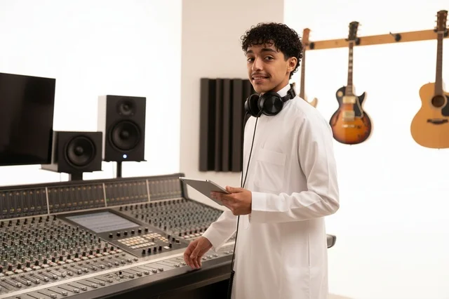 Saudi Man in Traditional Thobe at Music Recording Studio