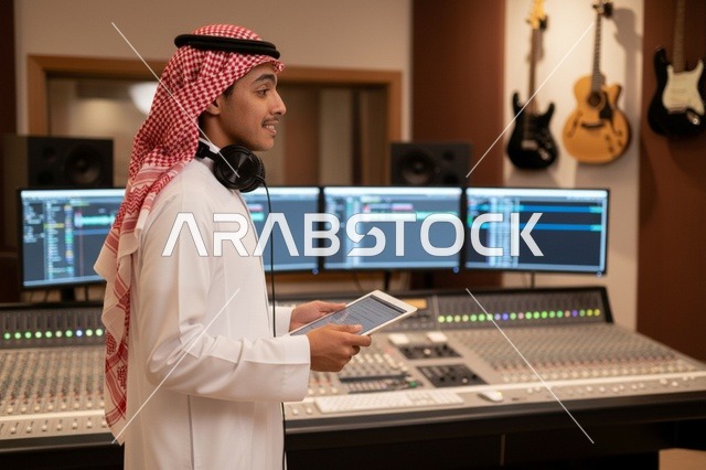 مهندس صوت سعودي في استوديو تسجيل موسيقي احترافي