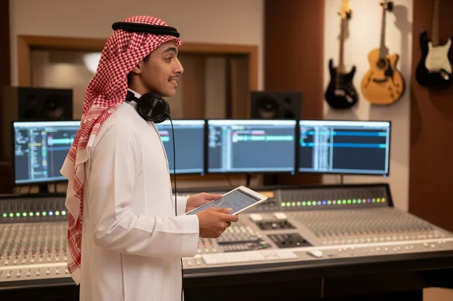 مهندس صوت سعودي في استوديو تسجيل موسيقي احترافي