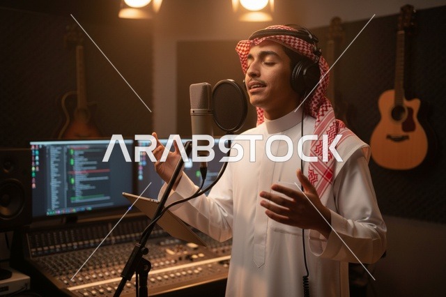 شاب سعودي يغني في استوديو تسجيل احترافي