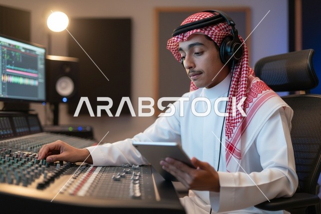 Saudi Sound Engineer in Studio with Mixing Console