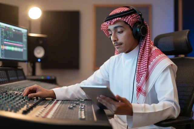Saudi Sound Engineer in Studio with Mixing Console