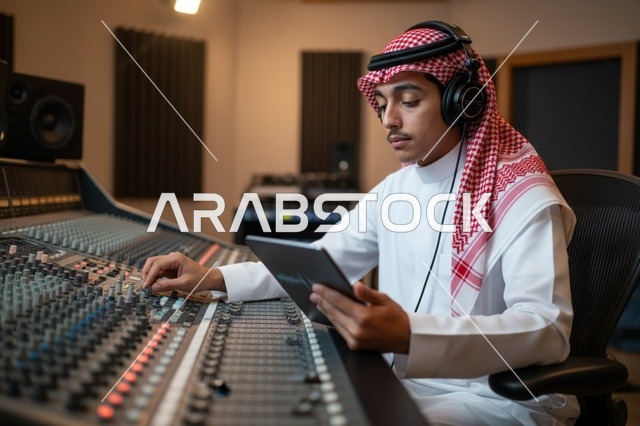مهندس صوت سعودي في استوديو تسجيل مع لوحة تحكم