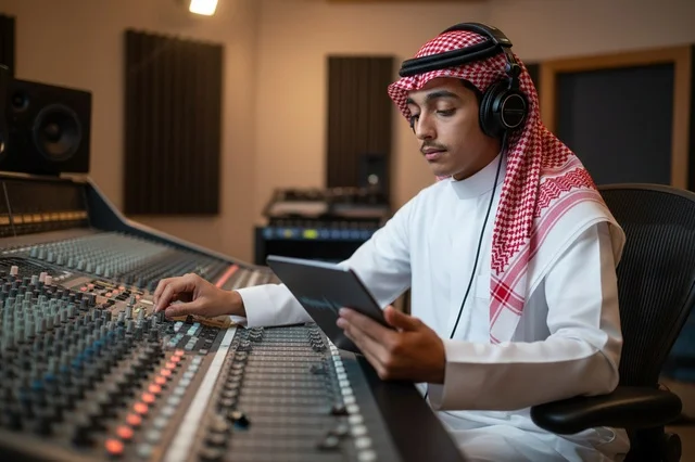 Saudi Sound Engineer in Recording Studio with Mixer