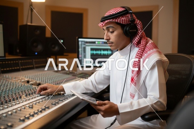 مهندس صوت سعودي في استوديو تسجيل احترافي
