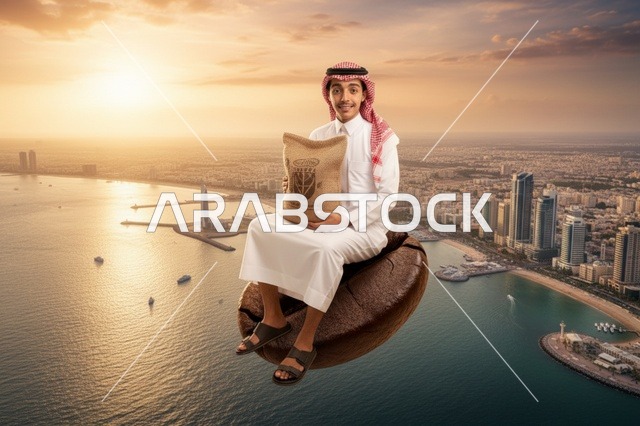 رجل سعودي يطير على حبة بن فوق مدينة ساحلية