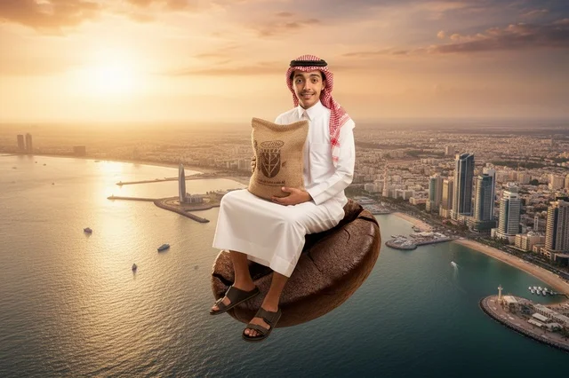 رجل سعودي يطير على حبة بن فوق مدينة ساحلية