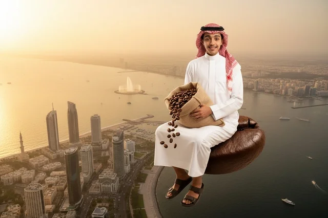 Saudi Man on Floating Coffee Bean Jeddah Skyline