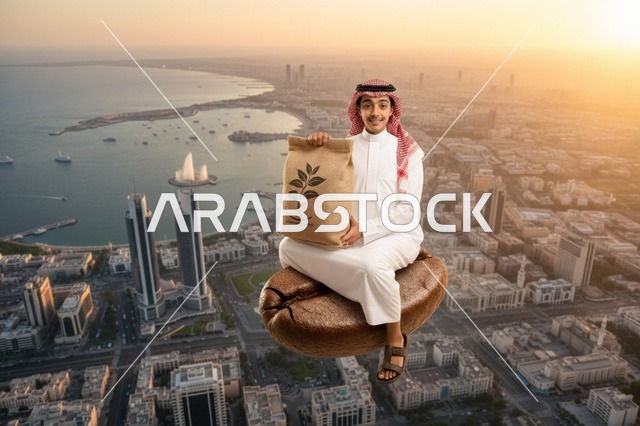 رجل سعودي على حبة قهوة عملاقة فوق المدينة