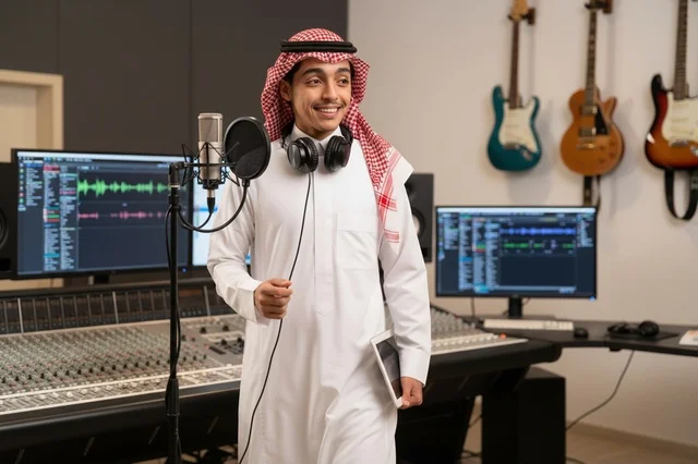 Saudi Man in Traditional Dress in Music Recording Studio
